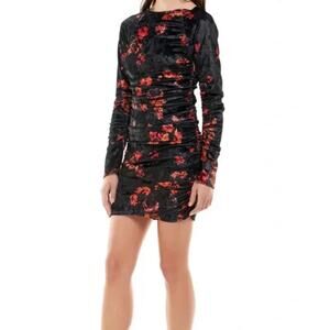 WAYF Women's Clique Velvet Minidress Medium Red Roses Ruched Long Sleeve NWT